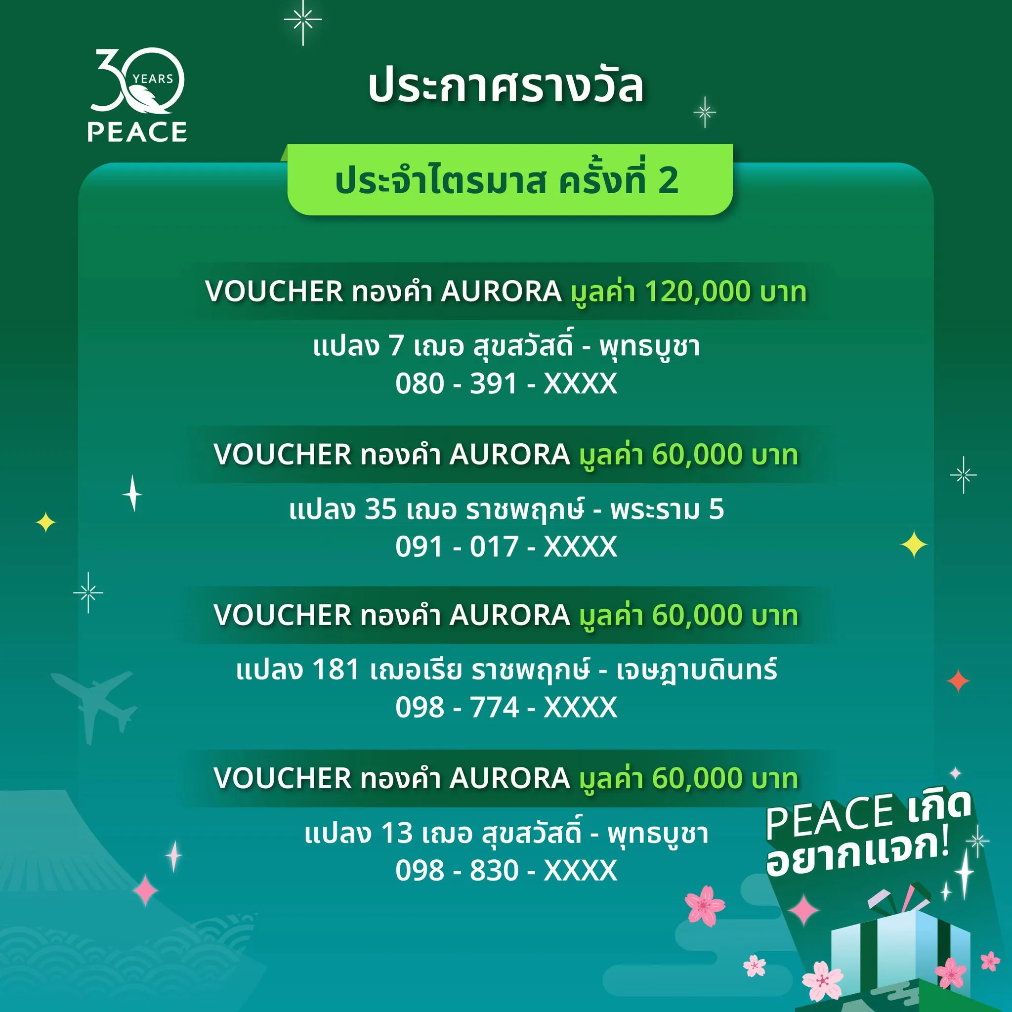 การประกาศรางวัลประจำไตรมาส ครั้งที่ 2 ของงาน #PEACEเกิดอยากแจก และขอแสดงความยินดีกับผู้โชคดีทั้ง 4 คน ที่ได้รับรางวัล GIFT VOUCHER ทองคำ จาก AURORA มูลค่ารวมกว่า 240,000 บาท